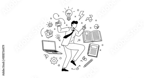 Line art illustration showing a dynamic entrepreneur surrounded by brainstorm elements