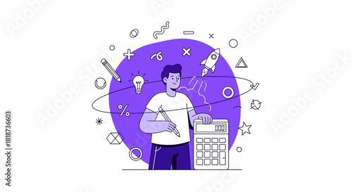 Calculating creativity: Man combining financial analysis with innovative brainstorming for