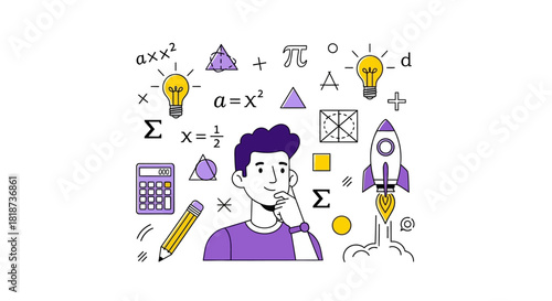 Envisioning a future leader with mathematical equations and scientific symbols around him