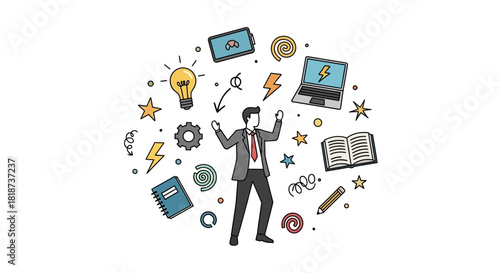 Successful business person celebrating success surrounded by innovative icons