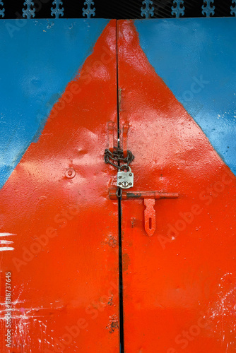 Rustic painted metal door with padlock and chain