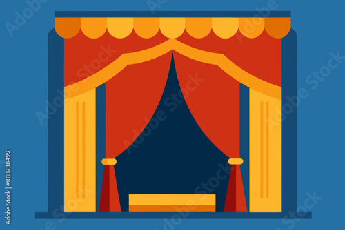 Flat design theatre stage with red curtains and golden accents