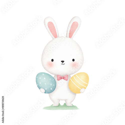 Cute Watercolor Easter Bunny Holding Decorated Eggs.