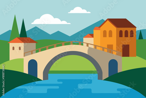 Charming european village with a stone bridge over a blue river