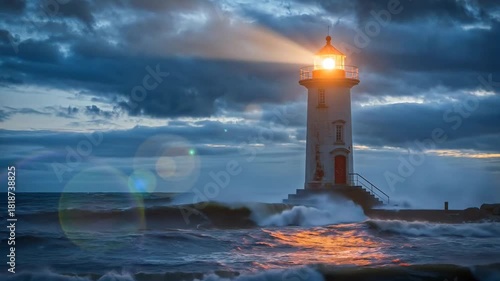 Dramatic Time-Lapse of Lighthouse During Stormy Weather with Lightning and Crashing Waves