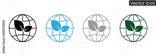 Show your commitment to environmental protection with these sustainable icons featuring a globe and plant leaves, ideal for promoting eco-friendly initiatives.