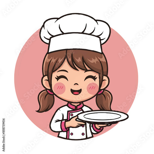 Cute Cartoon Little Girl Chef Holding an Empty Plate Vector Illustration