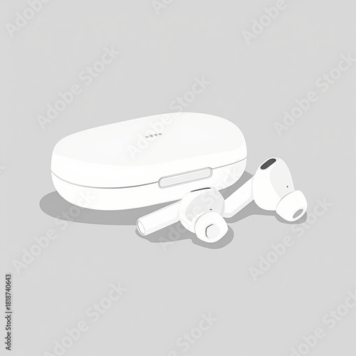 Modern white wireless earbuds and charging case on a gray background.