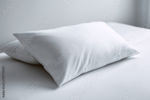 Minimalist product shot of a white pillow and cover with diffused studio lighting and gentle shadows