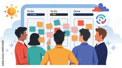Diverse team collaborating on a kanban board with sticky notes and task management