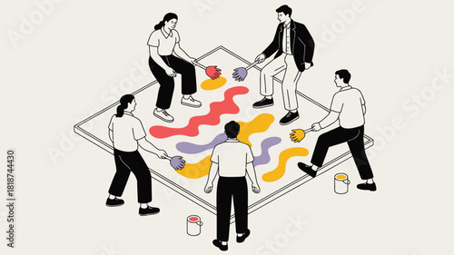 Diverse team collaborates on a large abstract painting project using colorful paints and brushes