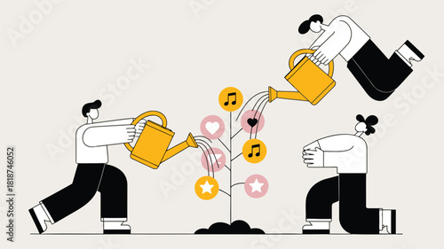 Teamwork and collaboration nurturing a growing tree of success with icons representing ideas and achievements