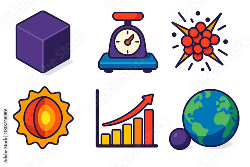 Extreme Density Icons. Isometric vector illustration set Extreme Density: compact matter cube, weight scale icon, crushed atomic