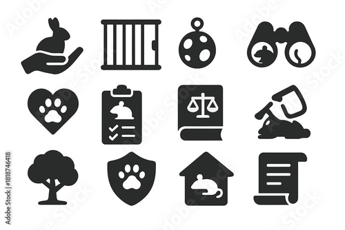 Ethical Animal Research Icons. Solid style icons of ethical research in animals: humane treatment hand, open cage, enrichment toy,