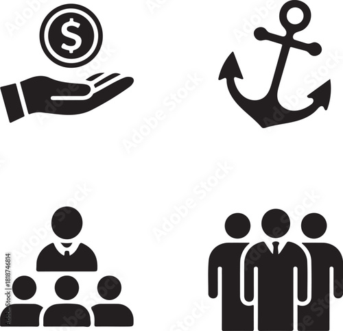 Business icons, finance investment, team leader, anchor stability, money dollar, corporate group