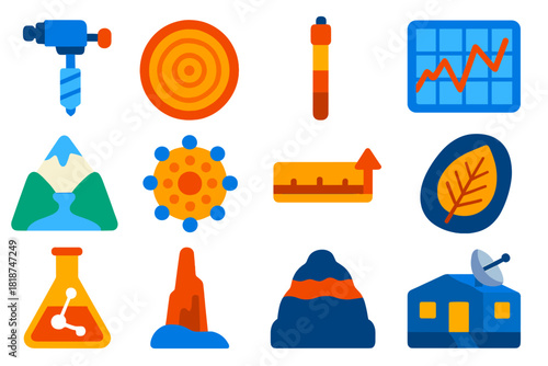 Paleoclimatology Icons Collection. Flat vector icons of Paleoclimatology: ice core drill, tree ring section, sediment core,