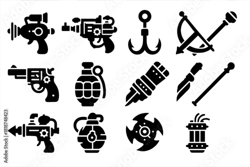 Steampunk Weapon Icons. Solid style icons of Steampunk weaponry: ray gun, steam rifle, grappling hook, crossbow, brass revolver,