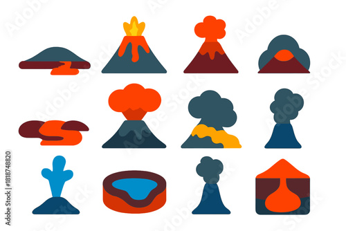 Volcanic Icons Set. Flat vector icons of Earth volcanism comparison: shield volcano, stratovolcano, cinder cone, lava dome, basalt