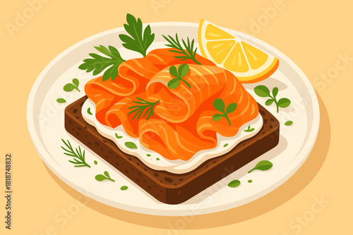 Smoked Salmon Delight. Gourmet plate of vector illustration smoked salmon on rye bread garnished with fresh herbs and lemon,