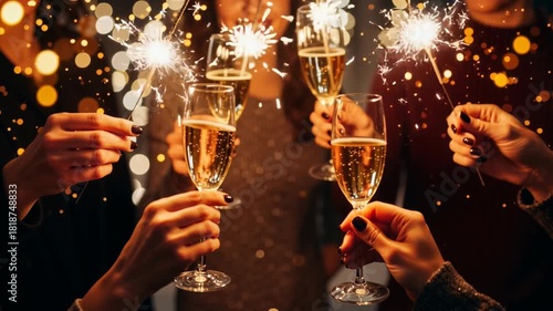 Friends celebrating New Year's Eve with champagne and sparklers. Group of people toasting with glasses at a holiday party. Festive celebration concept with golden bokeh lights