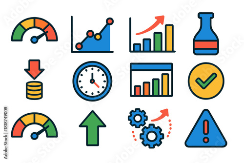 Colorful Metric Icons. Flat vector icons of analytical metrics in operations research: performance gauge, efficiency graph,