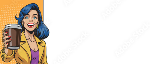 A beautiful pop art woman holds out a cup of coffee with a blank banner. Comic book style pop art.