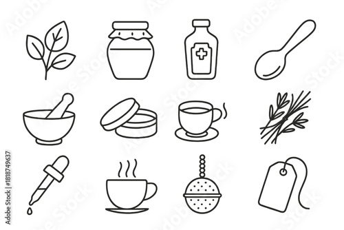 Folk Healing Elements. Line style icons of Folk Healing: Herb Leaf, Preparation Jar, Ancient Remedy, Traditional Medicine; Wooden