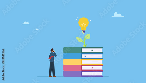 Smart young man with book stack with light bulb plant. Knowledge, wisdom to create new idea, creativity or innovation from reading books, education or learning new skill to success, study or library.