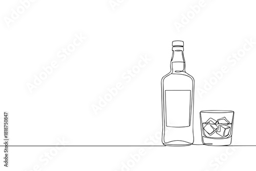 Glass and bottle of whiskey in one continuous line drawing. Whisky and liquor with ice cubes for alcohol drink menu in simple linear style. Editable stroke. Hand drawn vector illustration