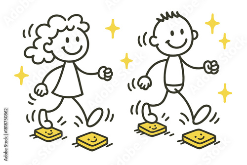 Cheerful Gait Doodle. Cheerful doodle gait analysis illustration with smiling walking characters, cartoon motion lines bouncing,