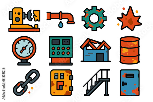 Industrial Decay Icons. Flat vector icons of Industrial Decay: broken machine, leaking pipe, gear wheel, rust, cracked gauge,