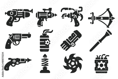 Steampunk Weapon Icons. Solid style icons of Steampunk weaponry: ray gun, steam rifle, grappling hook, crossbow, brass revolver,