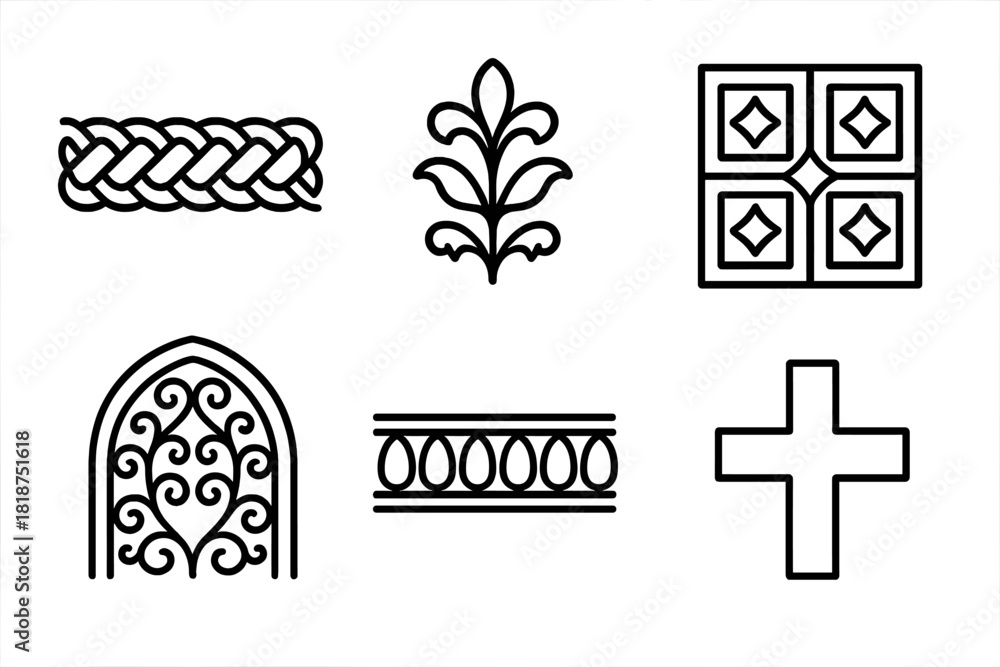 Fototapeta premium Byzantine Ornament Icons. Line style icons of Byzantine Ornamentation: braided border, floral motif, geometric pattern tile, gold