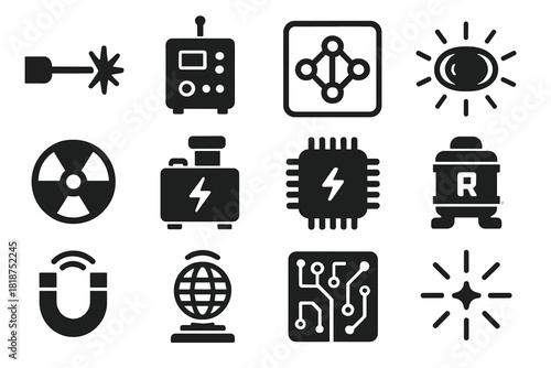 Solid Experimental Technology Icons. Solid style icons of Experimental Technology: Laser Beam, Prototype Device, Quantum Circuit,