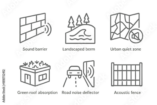 Outdoor Noise Control Icons. Line style icons of Outdoor Noise Control: sound barrier wall, landscaped berm with wave symbol,