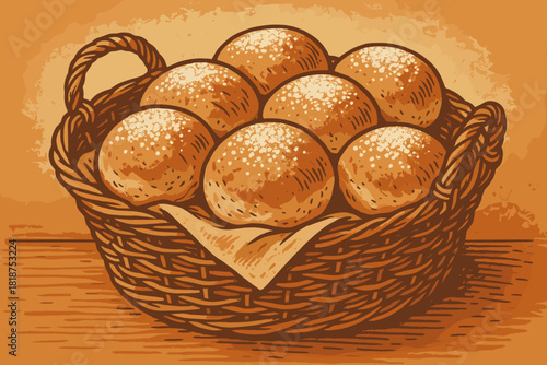 Warm Bread Delight. Rustic basket filled with freshly baked bread rolls and powdered sugar, warm inviting vector illustration