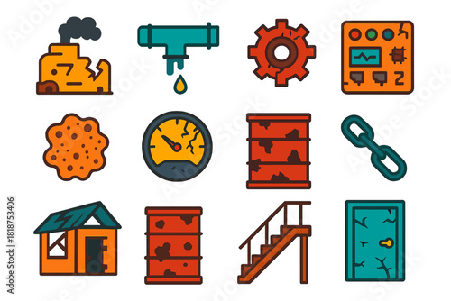 Industrial Decay Icons. Flat vector icons of Industrial Decay: broken machine, leaking pipe, gear wheel, rust, cracked gauge,