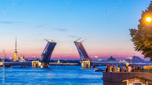 Canvas Print View of the open Palace Bridge timelapse, which spans - the spire of Peter and P