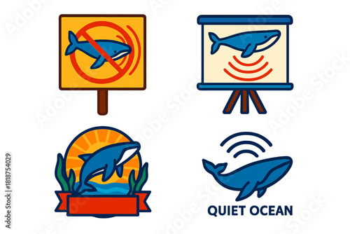Marine Advocacy Icons. Isometric vector illustration set Advocacy and Awareness Icons: Protest sign with whale and sonar,