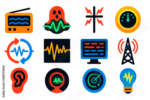 Horror Frequency Icons. Flat vector icons of Horror Frequencies: radio static, ghostly waveform, cursed antenna, glowing dial,