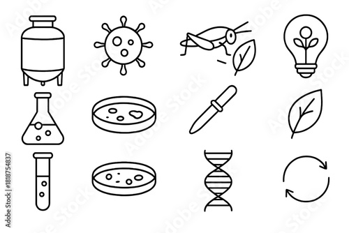 Next-Gen Food Icons. Line style icons of Next-Gen Food: Fermentation Vessel, Microbe, Sustainable Protein, Food Innovation; Lab