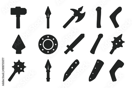 Weapon Forging Icons. Solid style icons of Weapon Forging: Warhammer, Spear, Halberd, Crossbow Bolt, Arrowhead, Shield Boss, Sword