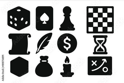 Game Iconography. Solid style icons of cultural history of games: dice, card, pawn, board, scroll, quill, coin, hourglass, cube,