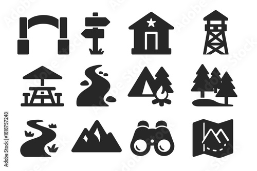 National Park Icons. Solid style icons of national parks: park entrance gate, trail sign, ranger station, lookout tower, picnic