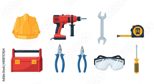A collection of essential construction and repair tools featuring a hard hat, power drill, wrench, toolbox, and other hand tools for building and home improvement