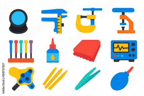 Horology Tool Icons. Flat vector icons of Horology Tools: loupe magnifier, caliper, micrometer, hand puller, screwdriver set,