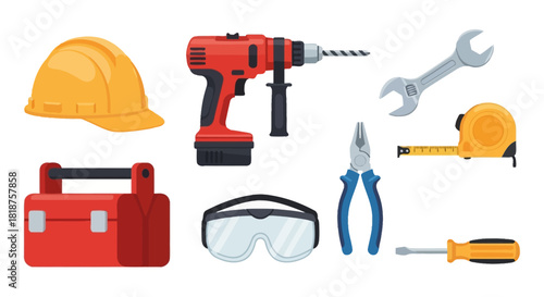 A comprehensive collection of essential construction and repair tools, featuring a hard hat, power drill, and toolbox, perfect for handyman or DIY projects