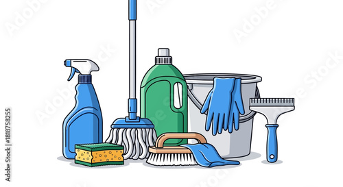 A collection of assorted cleaning supplies and tools for housekeeping and sanitation, including a mop, bucket, gloves, and spray bottle