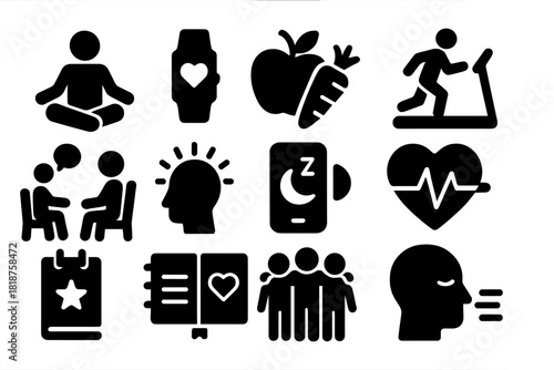 Wellbeing Strategy Icons. Solid style icons of Wellbeing Strategies: meditation, fitness tracker, healthy food, treadmill, therapy
