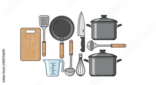 A comprehensive vector set of essential kitchen utensils and cookware items for cooking and culinary food preparation, isolated on a white background